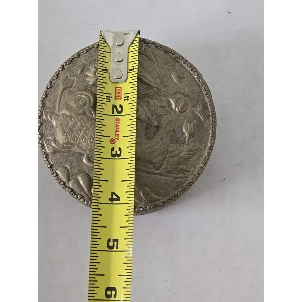 Vintage Persian Repousse Round Box Lid & Mirror Raised Bird Motif Silver Tone